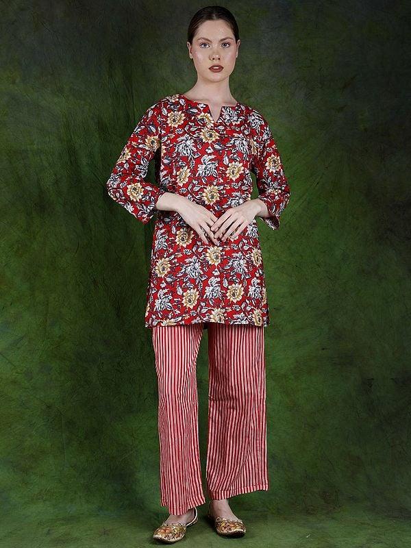 exotic india Racing-Red Floral Printed Co-Ord Set for Evening Wear