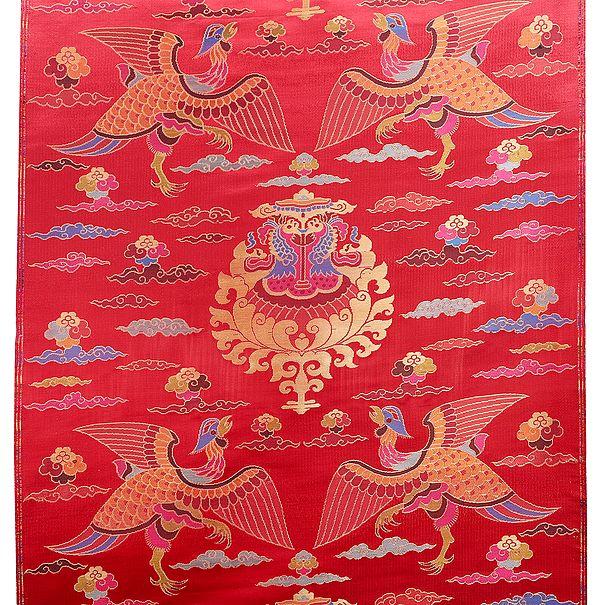 exotic india Racing-Red Handloom Brocade Silk Fabric from Banaras with Auspicious Tibetan Motifs 