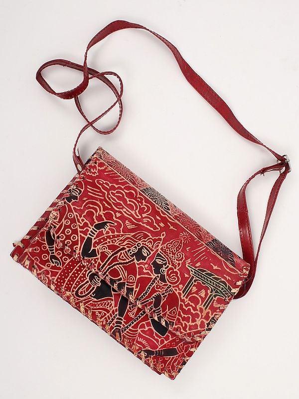 Exotic India Racing-Red Radha Krishna Side Shoulder Shantiniketan Leather Bag 