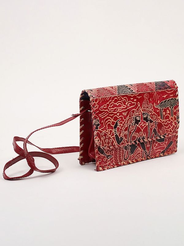 Exotic India Racing-Red Radha Krishna Side Shoulder Shantiniketan Leather Bag 