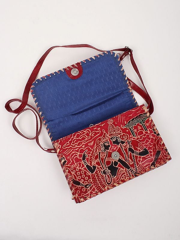 Exotic India Racing-Red Radha Krishna Side Shoulder Shantiniketan Leather Bag 