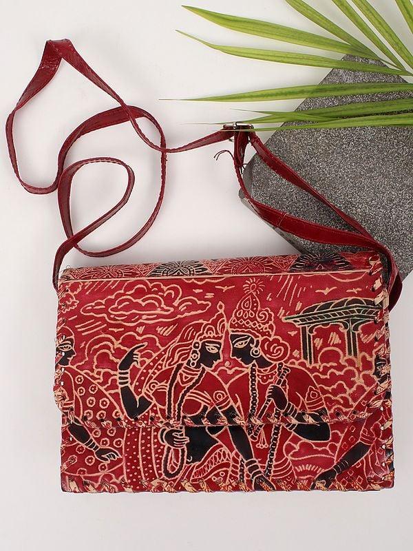 exotic india Racing-Red Radha Krishna Side Shoulder Shantiniketan Leather Bag 
