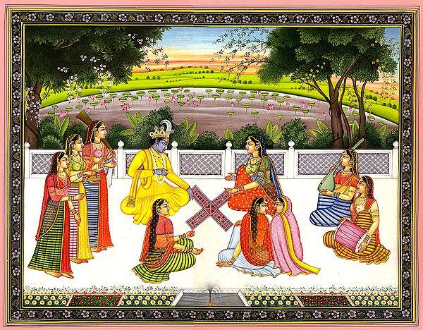 exotic india Radha and Krishna Playing the Game of Chaupara 