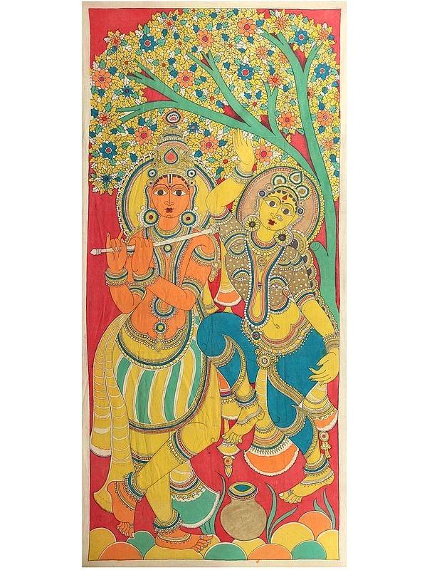 exotic india Radha Dances With Abandon To The Tune Of Lord Krishna’s Flute | Kalamkari Painting 