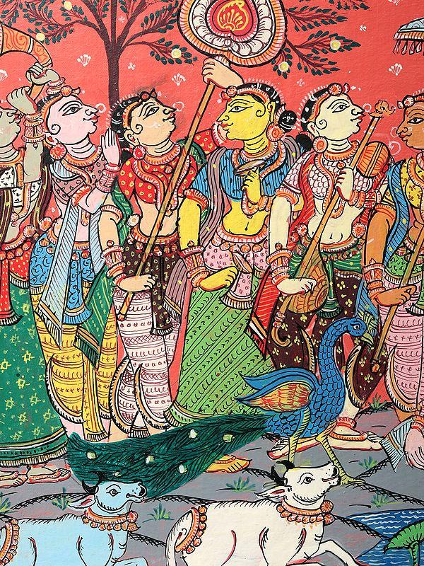 Exotic India Radha-Krishna And Gopis | Patachitra Painting