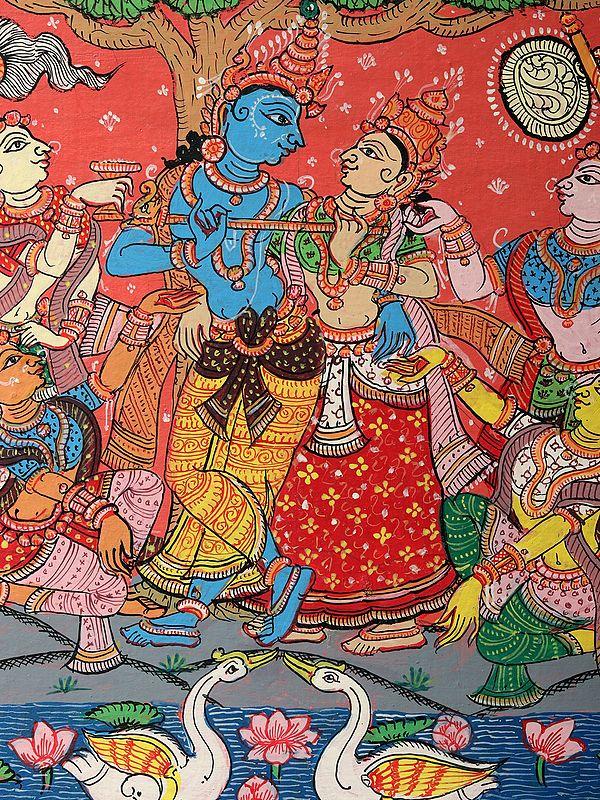 Exotic India Radha-Krishna And Gopis | Patachitra Painting