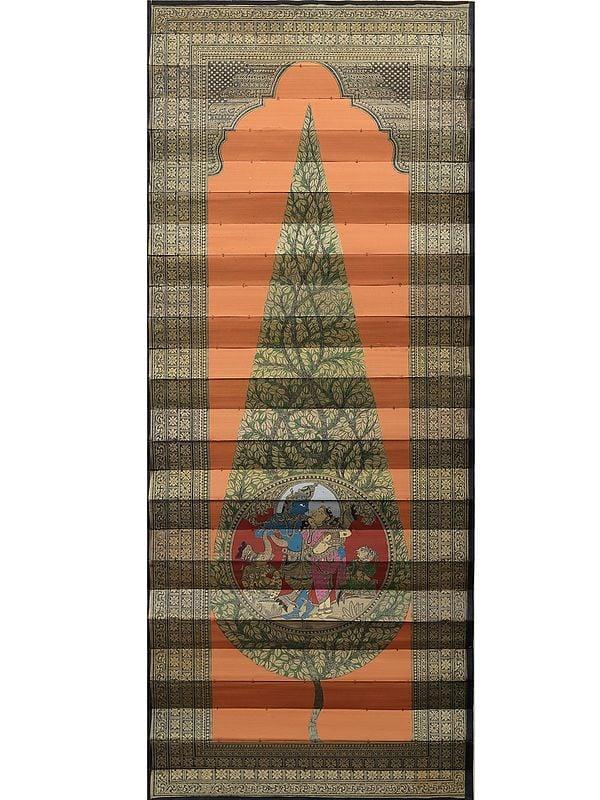 exotic india Radha Krishna Inside the Tree | Pattachitra Painting on Palm Leaf 