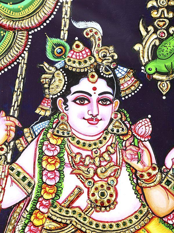Exotic India Radha Krishna On Swing | 24 Karat Gold Work | Framed Tanjore Painting