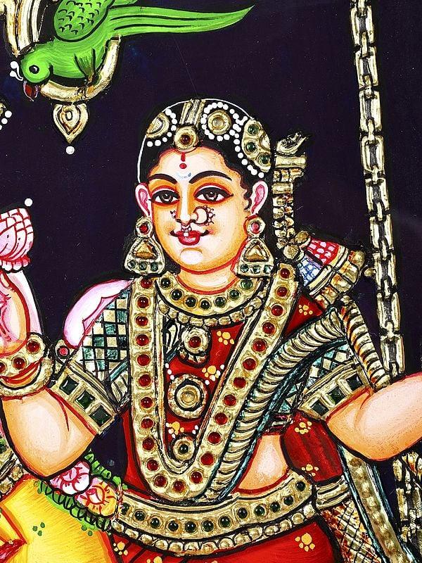 Exotic India Radha Krishna On Swing | 24 Karat Gold Work | Framed Tanjore Painting