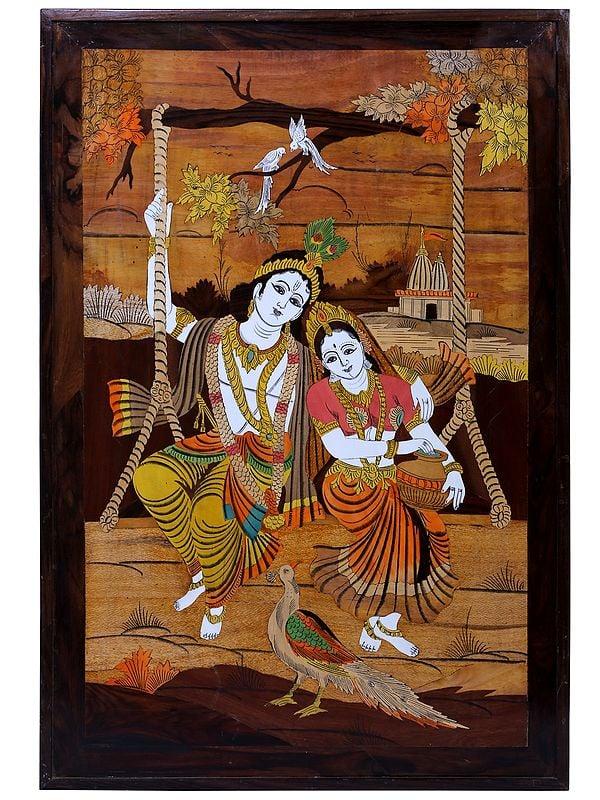 exotic india Radha Krishna On Swing | Mysore Painting 