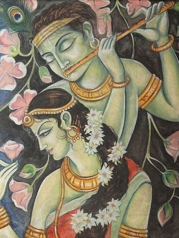 Exotic India Radha Krishna Painting With Vintage Mirror Frame 