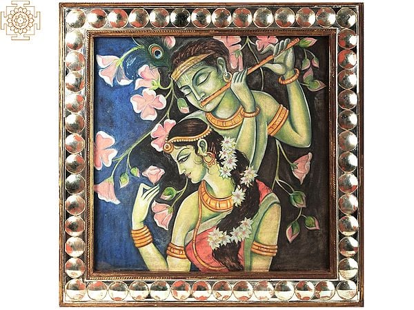 exotic india Radha Krishna Painting with Vintage Mirror Frame 