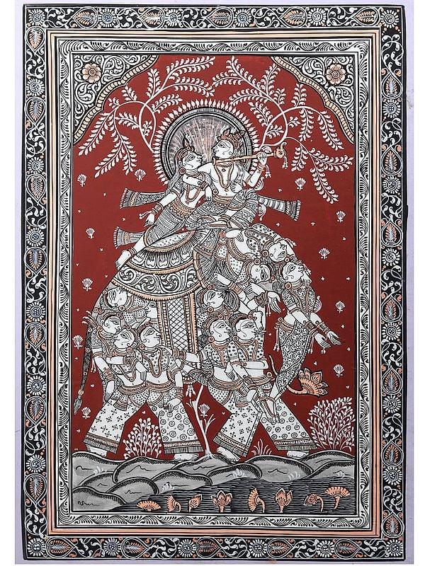 exotic india Radha - Krishna Riding on Nari Kunjar | Pattachitra Painting from Odisha 