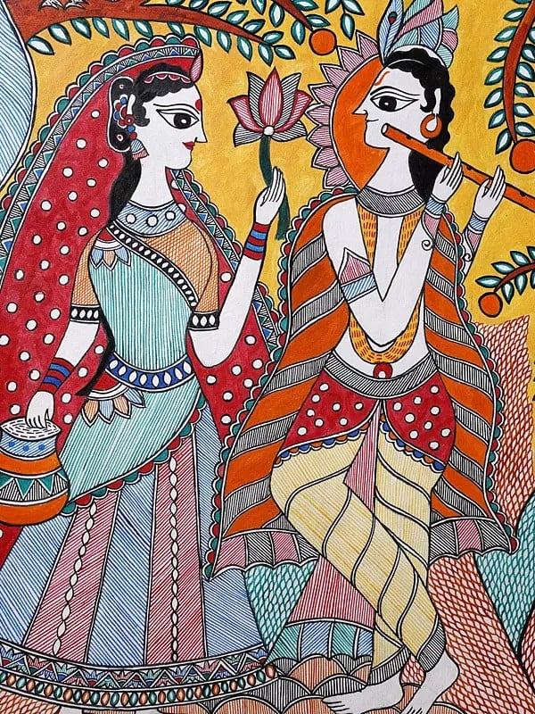 Exotic India Radha Krishna Spiritual Love With Frame | Acrylic Color On Hand Made Paper | Lalita Ray 