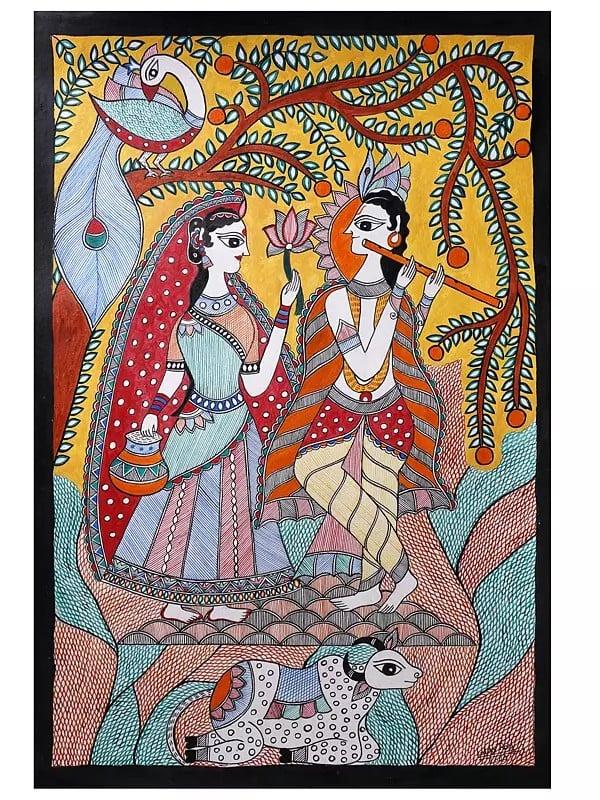 exotic india Radha Krishna Spiritual Love With Frame | Acrylic Color On Hand Made Paper | Lalita Ray