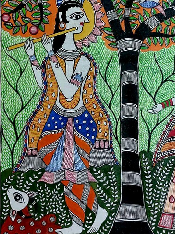 Exotic India Radha Krishna Under The Tree Madhubani Painting | Acrylic On Canvas | By Lalita Ray 