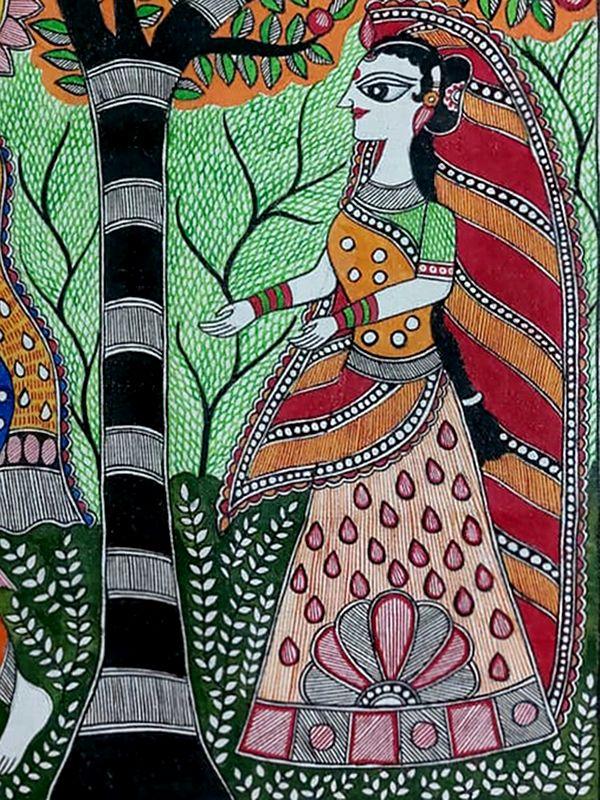 Exotic India Radha Krishna Under The Tree Madhubani Painting | Acrylic On Canvas | By Lalita Ray 