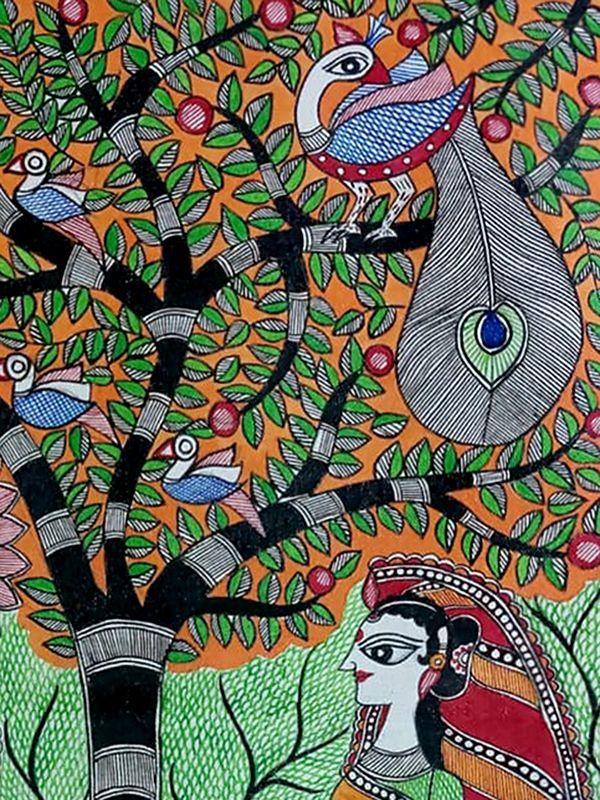 Exotic India Radha Krishna Under The Tree Madhubani Painting | Acrylic On Canvas | By Lalita Ray 
