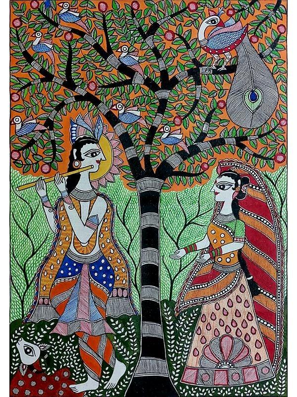 exotic india Radha Krishna Under The Tree Madhubani Painting | Acrylic On Canvas | By Lalita Ray 