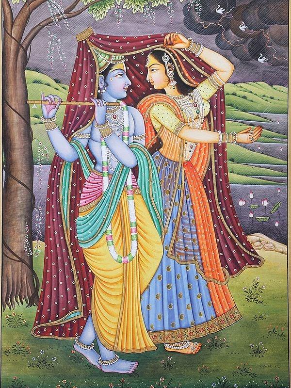 Exotic India Radha Krishna Watercolor Painting On Paper