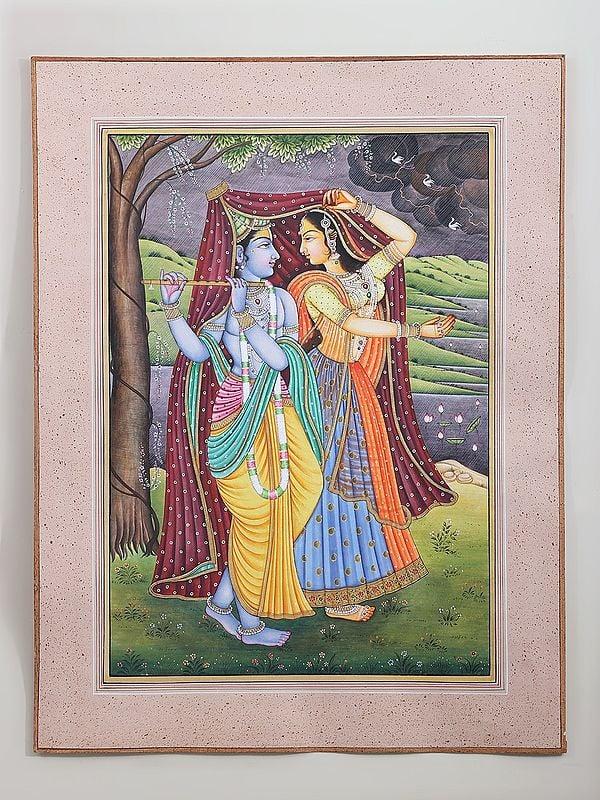 exotic india Radha Krishna Watercolor Painting on Paper