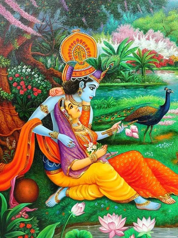 Exotic India Radha Krishna With Beautiful View Of Vrindavan | Unframed Oil Painting 