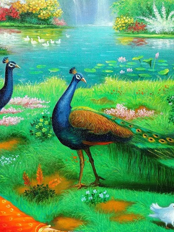 Exotic India Radha Krishna With Beautiful View Of Vrindavan | Unframed Oil Painting 