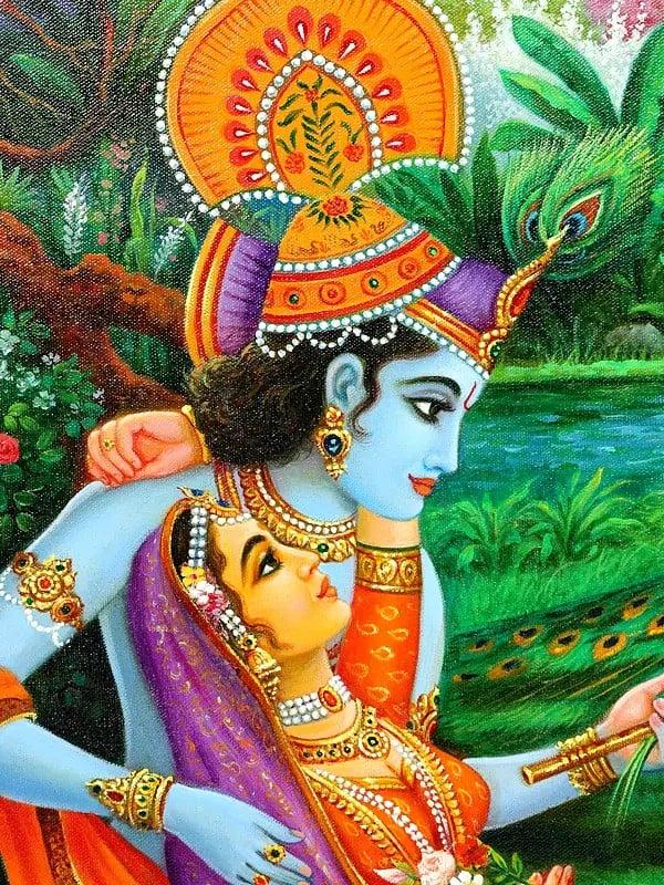 Exotic India Radha Krishna With Beautiful View Of Vrindavan | Unframed Oil Painting 