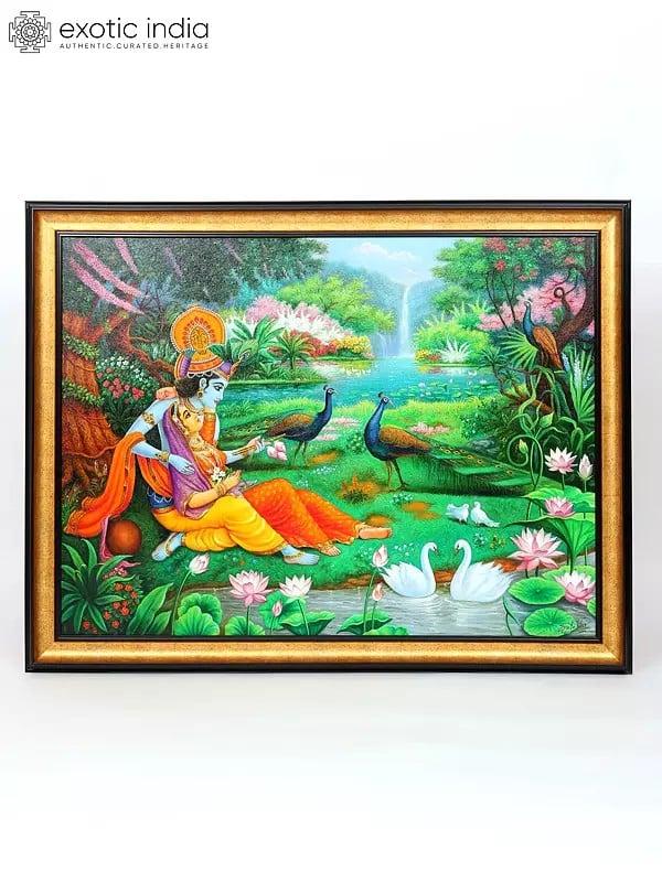 exotic india Radha Krishna with Beautiful View of Vrindavan | Unframed Oil Painting 