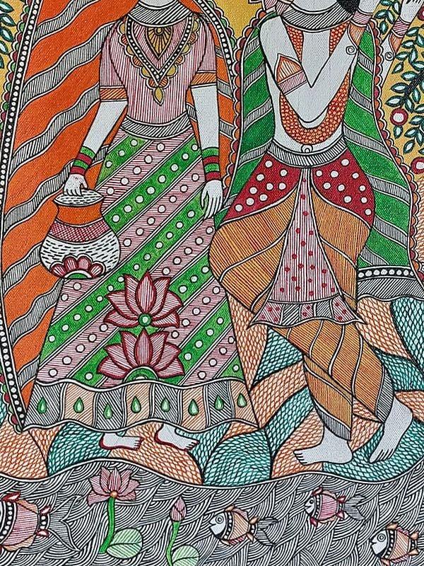 Exotic India Radha Krishna With Cow Madhubani Painting | Acrylic On Canvas | By Lalita Ray 