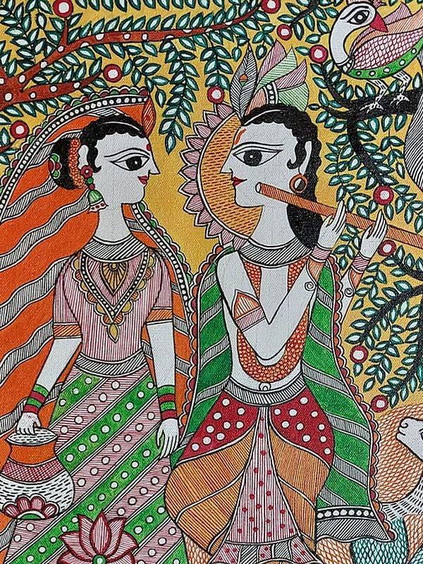 Exotic India Radha Krishna With Cow Madhubani Painting | Acrylic On Canvas | By Lalita Ray 