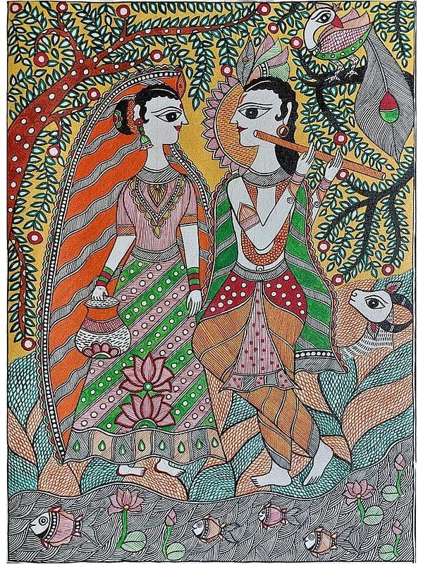 exotic india Radha Krishna With Cow Madhubani Painting | Acrylic On Canvas | By Lalita Ray 