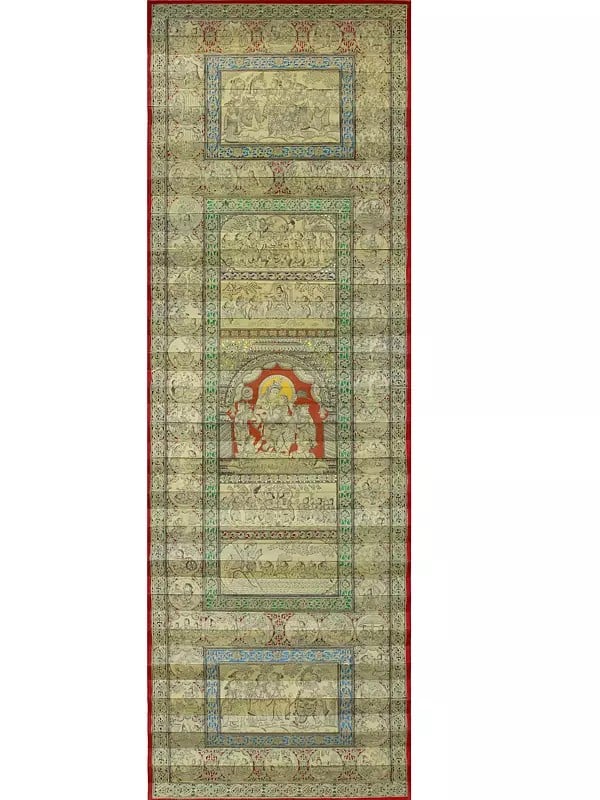 exotic india Radha Krishna with Episodes of Krishna Lila | Pattachitra Painting on Palm Leaf 