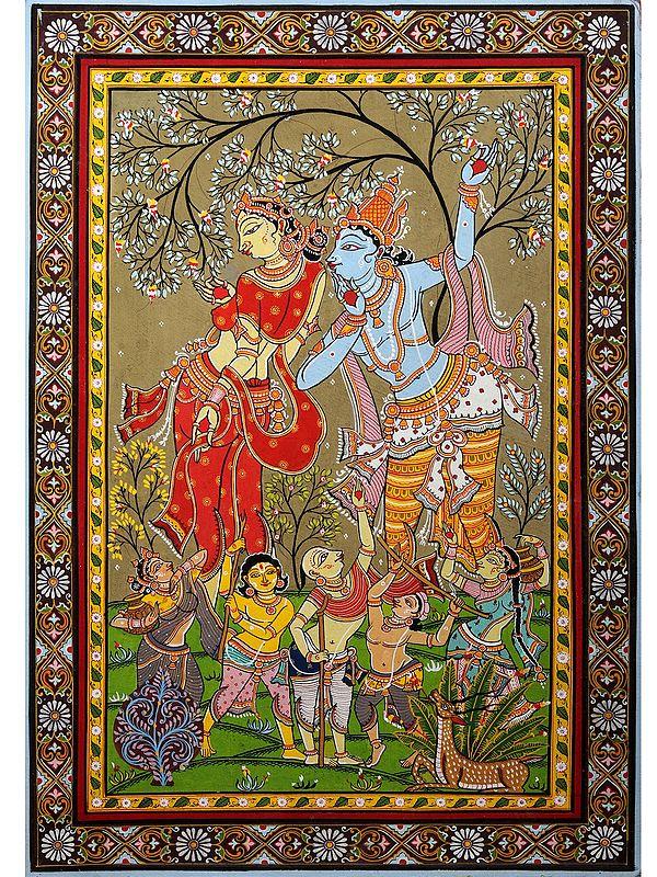 exotic india Radha Krishna with Friends | Pattachitra Painting from Odisha