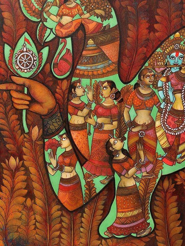 Exotic India Radha Krishna With Gopis - Abstract Painting | Acrylic On Canvas | With Frame 