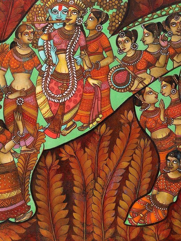 Exotic India Radha Krishna With Gopis - Abstract Painting | Acrylic On Canvas | With Frame 