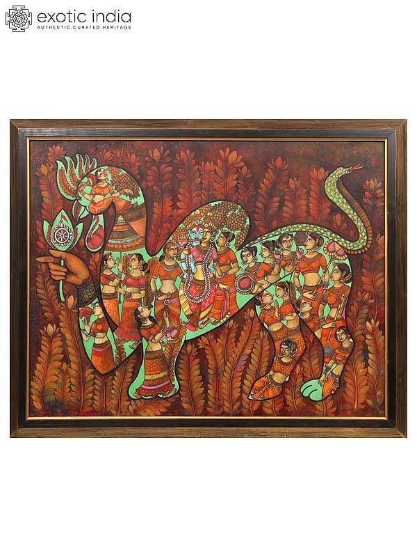 exotic india Radha Krishna with Gopis - Abstract Painting | Acrylic on Canvas | With Frame 