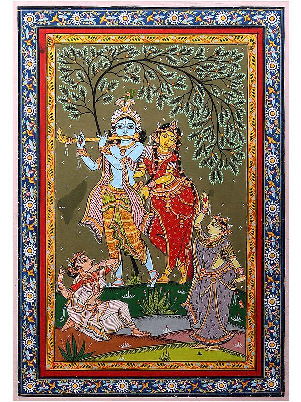 exotic india Radha Krishna with Gopis | Pattachitra Painting from Odisha