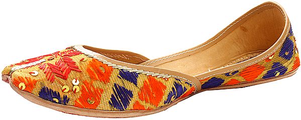 Exotic India Radiant Orange And Blue Jooti With Thread Embroidered Flowers And Sequins 