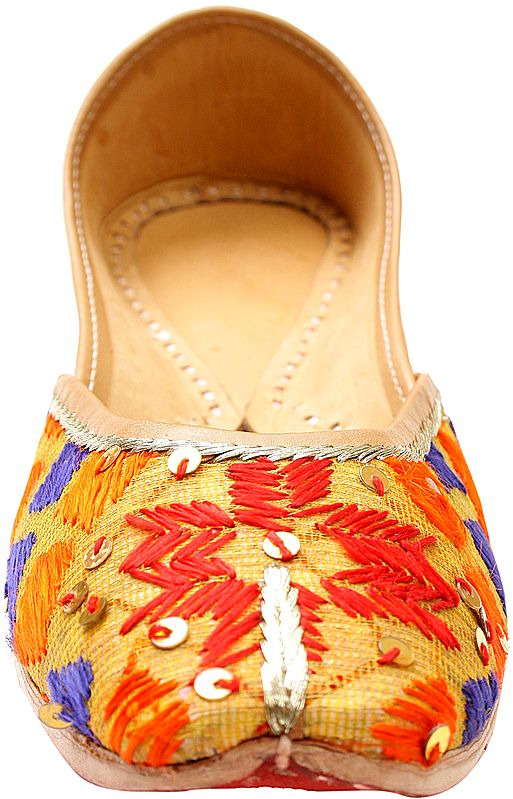 Exotic India Radiant Orange And Blue Jooti With Thread Embroidered Flowers And Sequins 