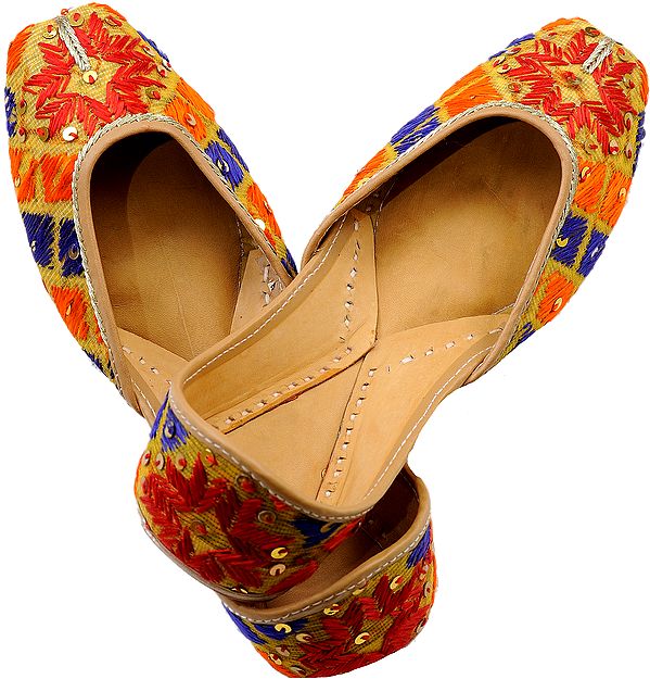 exotic india Radiant Orange and Blue Jooti with Thread Embroidered Flowers and Sequins 