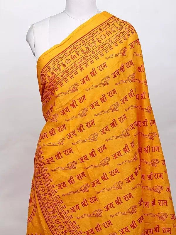 Exotic India Radiant-Yellow Pure Cotton Jai Shree Ram Printed Prayer Shawl 