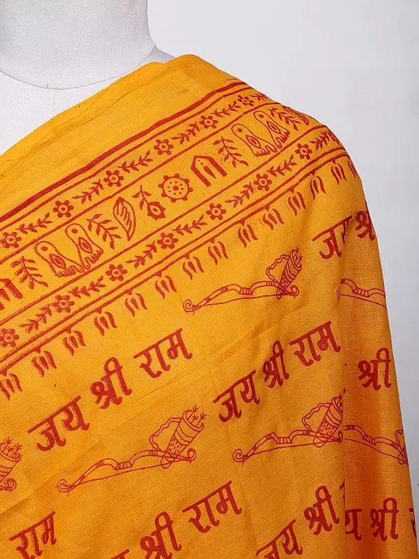 Exotic India Radiant-Yellow Pure Cotton Jai Shree Ram Printed Prayer Shawl 