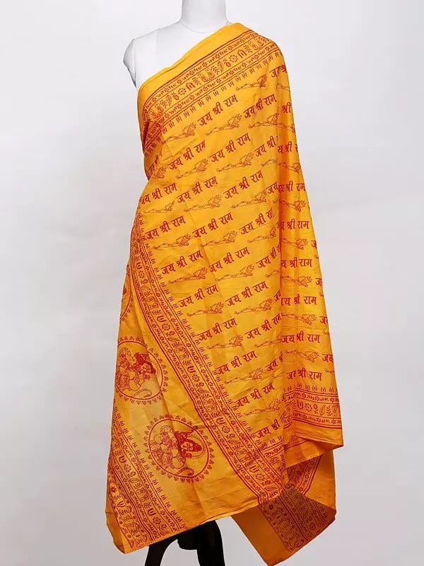 exotic india Radiant-Yellow Pure Cotton Jai Shree Ram Printed Prayer Shawl