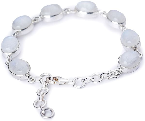 Exotic India Rainbow Moonstone (Cabochon) Studded Sterling Silver Bracelet With Lobster Clasp