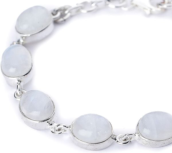 Exotic India Rainbow Moonstone (Cabochon) Studded Sterling Silver Bracelet With Lobster Clasp