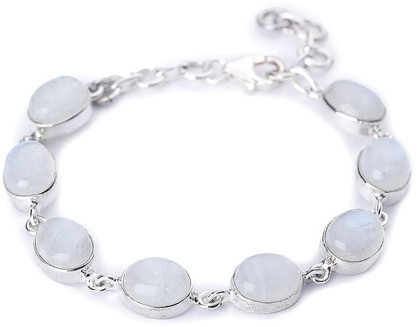 exotic india Rainbow Moonstone (Cabochon) Studded Sterling Silver Bracelet with Lobster Clasp 
