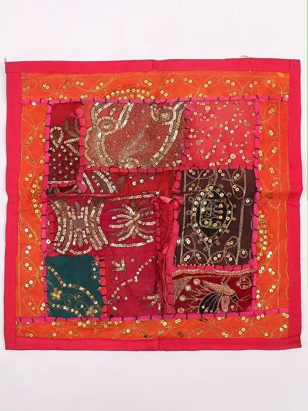 exotic india Rainbow Patchwork Cushion Cover with Sequins and Zari Embroidery 