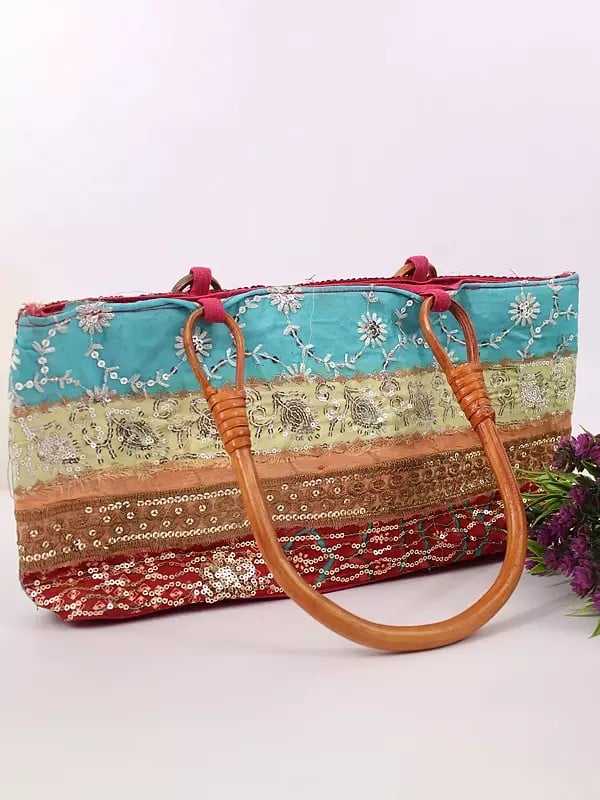 Exotic India Rainbow Patchwork Zari-Sequins Handcrafted Floral Bag With Wooden Handle 