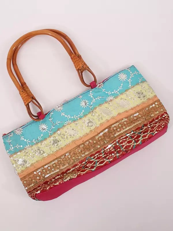 exotic india Rainbow Patchwork Zari-Sequins Handcrafted Floral Bag with Wooden Handle 